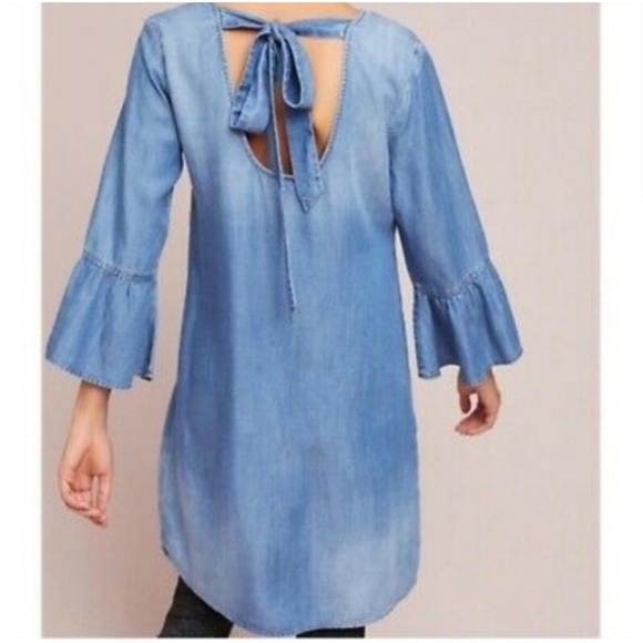 Anthropologie Cloth & Stone Blue Chambray Dress Tie Back Bell Sleeve Sz Small - Picture 3 of 10